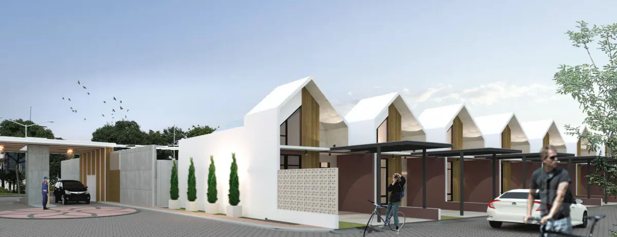 Render deretan rumah modern tropis beratap pelana di Alam Hijau Residence
