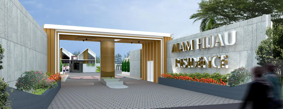 Render gerbang utama Alam Hijau Residence dengan pagar beton dan tulisan nama perumahan