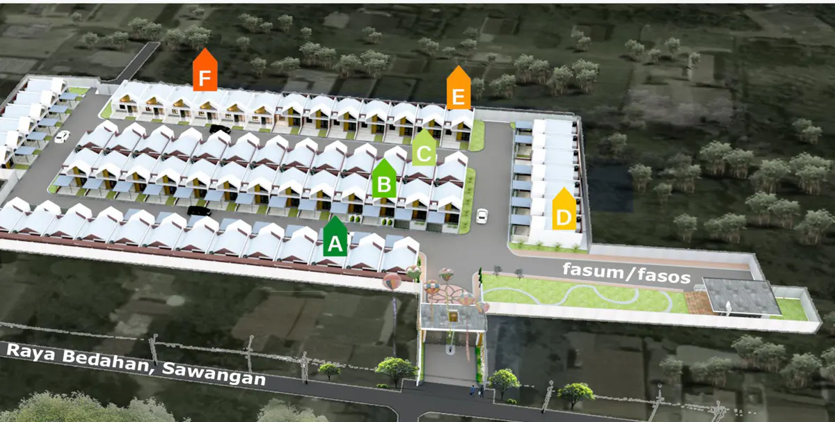 Render tampak udara kawasan Alam Hijau Residence beserta penanda blok