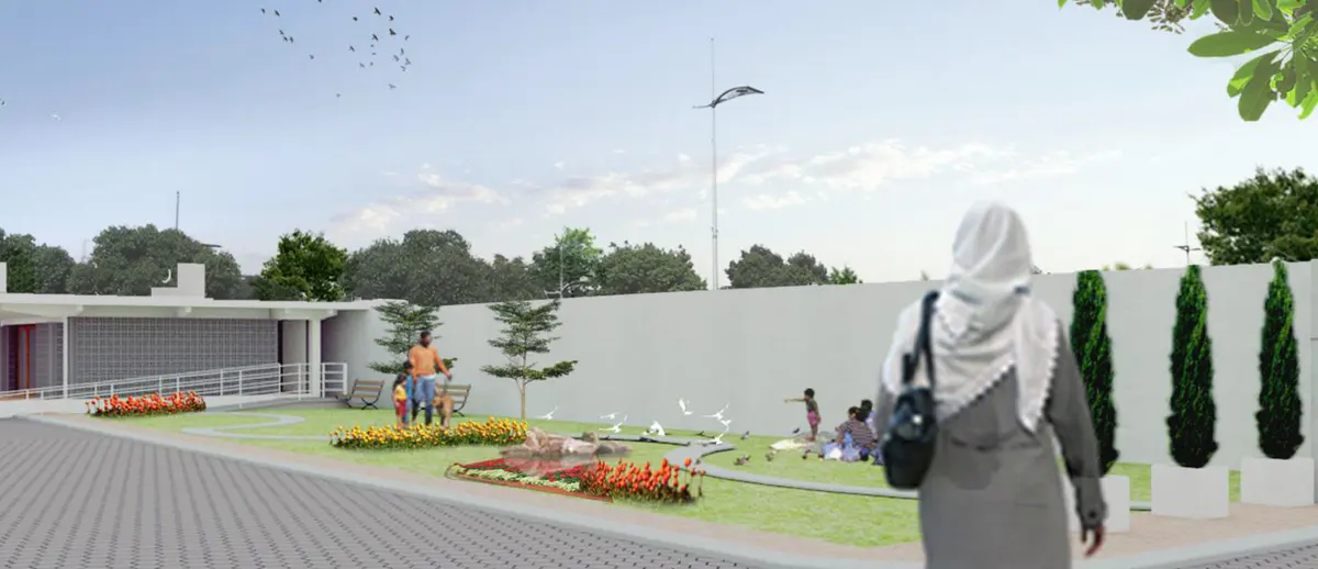 Render taman hijau dan area bermain di Alam Hijau Residence